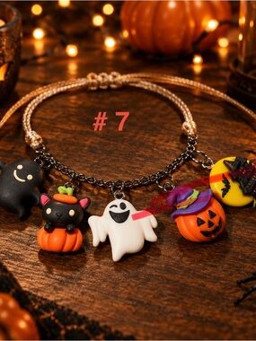 Handcrafted Halloween Charm Bracelet #7 Gothic Raven Skull & Moon